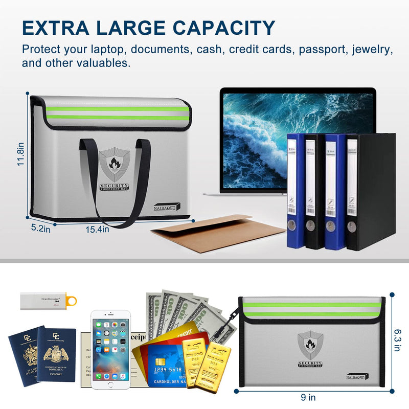 Fireproof Document Box (16"x 12" x 5") Silicone Coated with Shoulder Strap and Zipper Closure, Fireproof Money Bag (8.75"x6.0") for Cash, Coin, Credit Cards, Passport, and other Valuables GREY