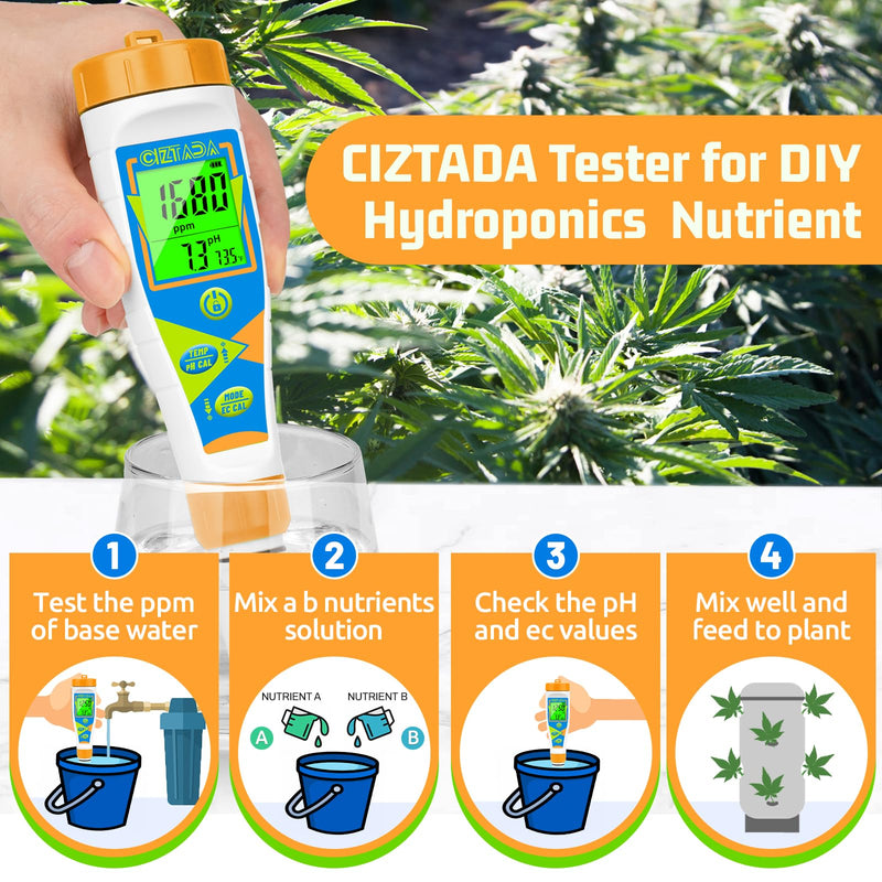 Digital pH Tester for Water pH EC PPM Meter for Hydroponics Nutrients with 1413μs/cm Calibration Solution pH Conductivity TDS Temperature Monitor Meter for Indoor Plant, Pool, Drinking Water EC Meter with Calibration Fluid
