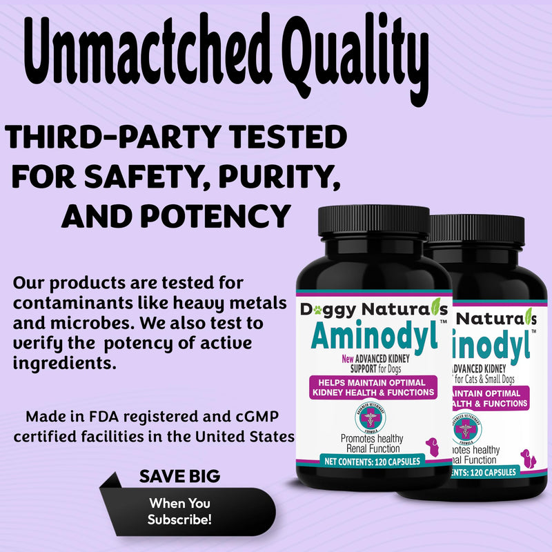 Aminodyl™ Kidney Support Supplement 400mg for Cats & Small Dogs - Supports Natural Kidney Function with Amino Vastly Promotes Health, Wellbeing & Vitality of Kidneys - 120 Sprinkle Capsules. U.S.A Cats & Small Dogs <20lbs (120 Caps) 400 mg