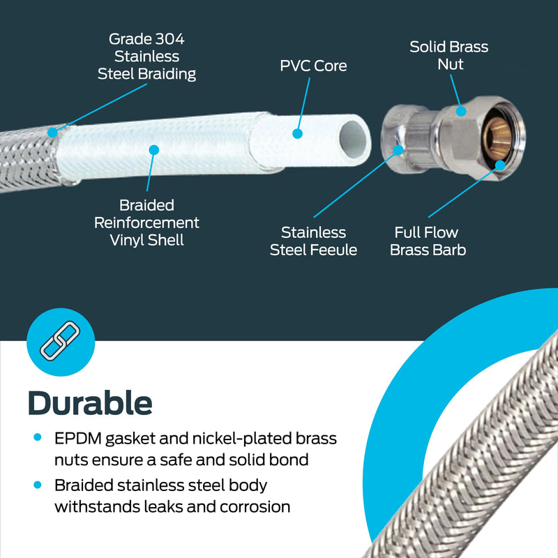 Eastman 10 foot Dishwasher Supply Line, 3/8 Inch Compression x 3/4 Inch FHT Elbow, Braided Stainless Steel Dishwasher Connectors, 41015 10 Ft.