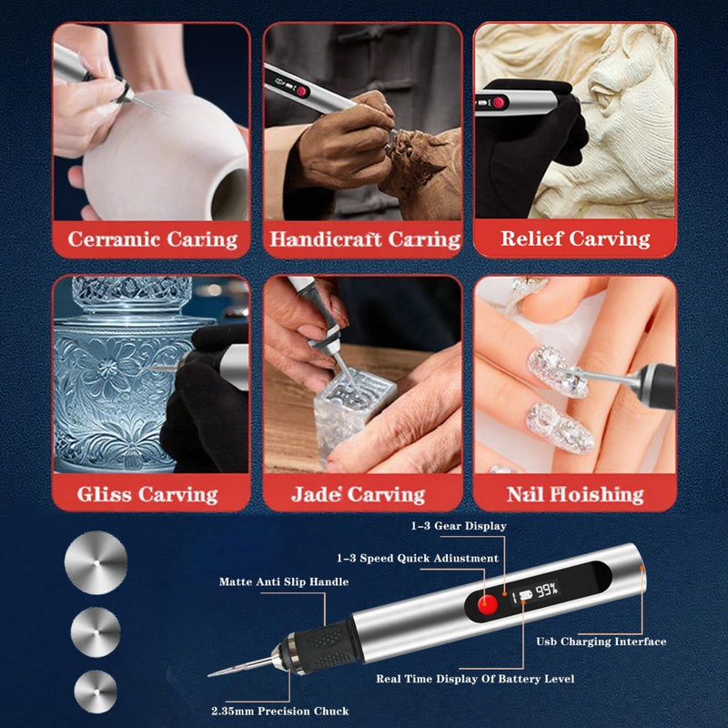 Engraving Pen, Cordless Electric Engraving 3-Speed Engraver (8000-25000 RPM) for Beginner Friendly Artists & DIYers Rechargeable +Tool with 35 Accessories for Metal/Glass/Wood Engraving Silver
