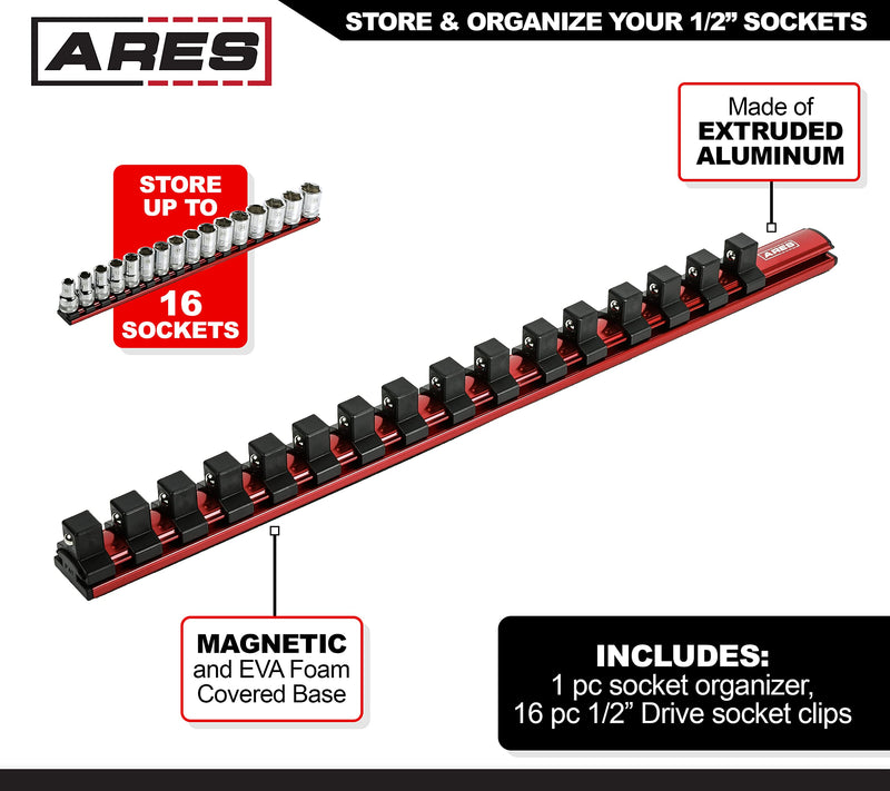 ARES 60129-1/2-Inch Drive Magnetic Socket Organizer - Aluminum Rail Stores up to 16 Sockets and Keeps Your Tool Box Organized Red 1/2-Inch Drive 16.5-Inch Magnetic Socket Rail