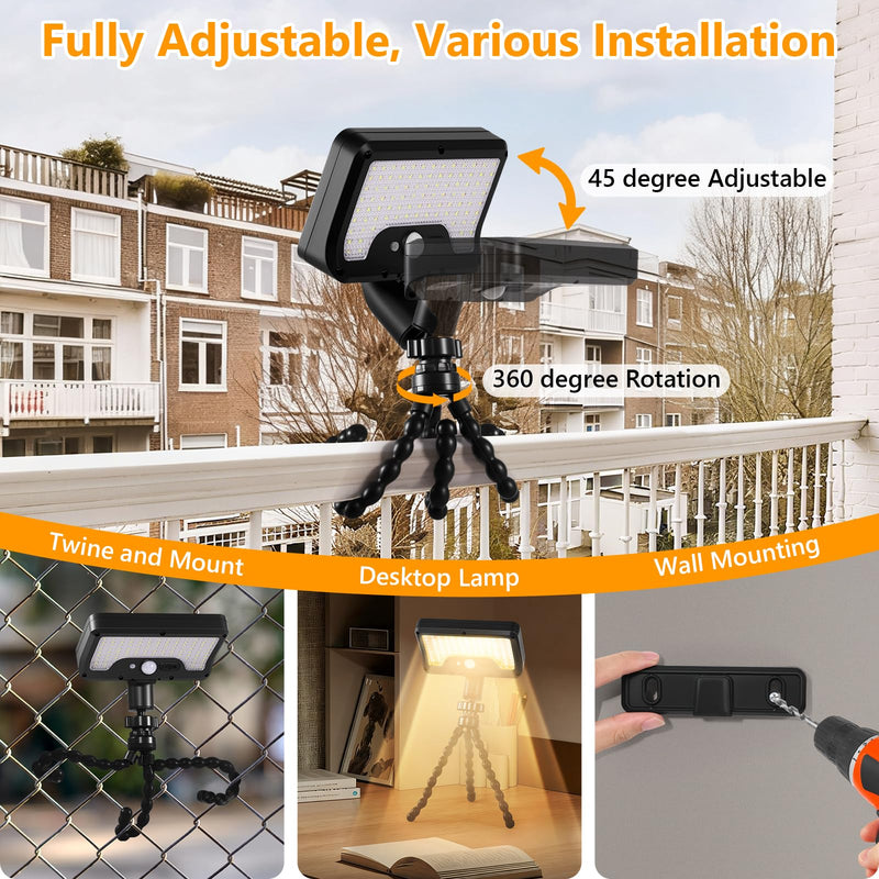 Solar Motion Lights Outdoor with Flexible Octopus Tripod, USB & Solar Powered Motion Sensor Lights with 92 LEDs(600LM,3000K), IP65 Waterproof Motion Activated Light for Fence, Camping, Gutter(2 Pack) Black/Warm Yellow（3000K） 2 Pack/Octopus Tripod