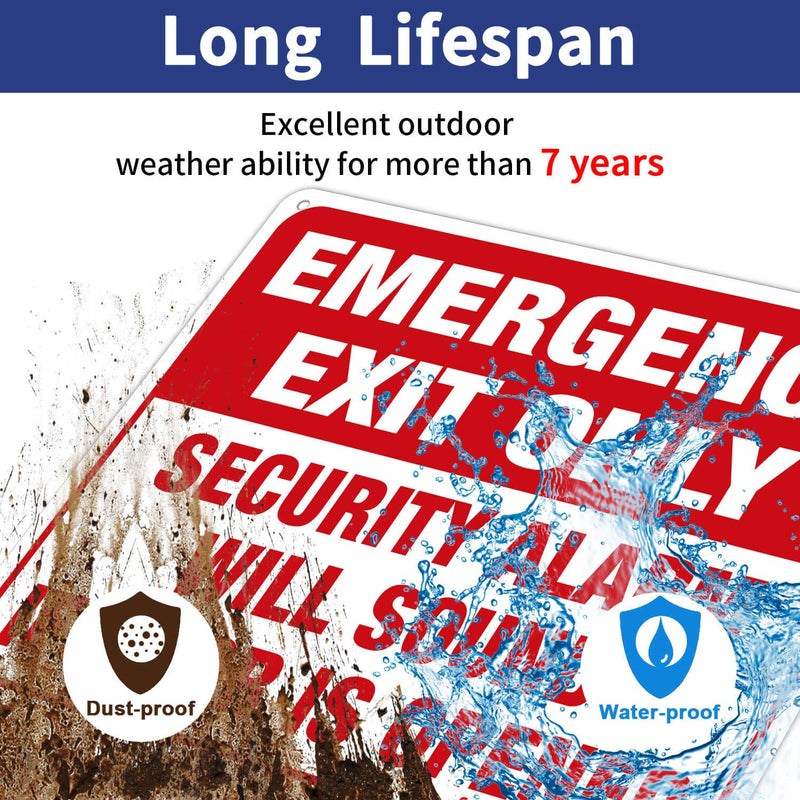 Emergency Exit Only - Security Alarm Will Sound If Door Is Opened Sign, 2 Pack, 10 x 7 inch .40 Rust Free Aluminum, UV Protected, Weather Resistant, Waterproof, Durable Ink, Easy to install Red and White- Aluminum - 2 Pack