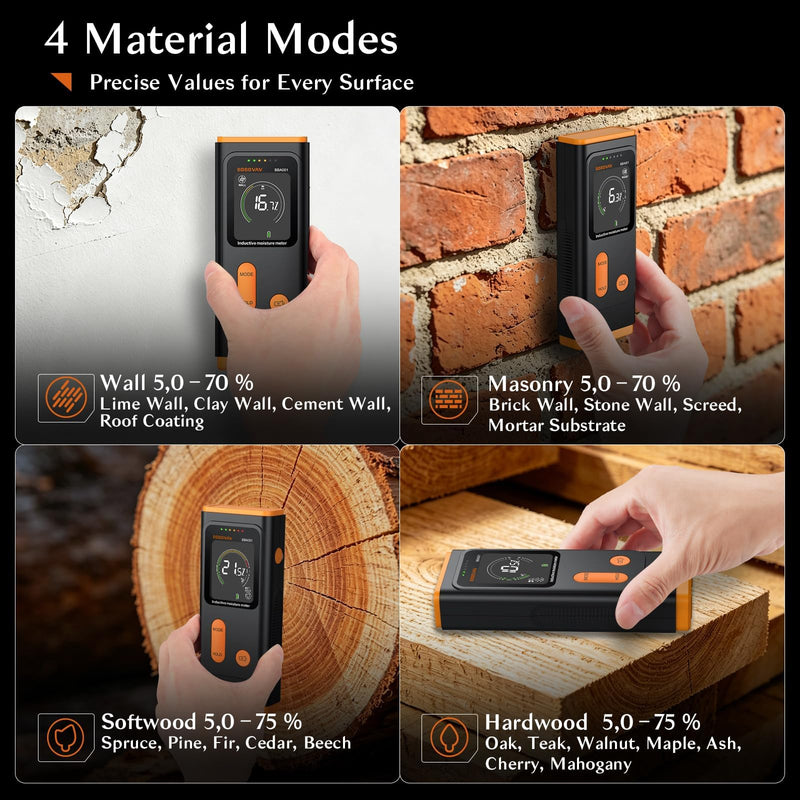 Pinless Moisture Meter with 4 Material Modes & 3- Color Alert, Non‑Destructive Moisture Detector with VA Color Display & Flashlight for Wall, Masonry, Softwood, Hardwood