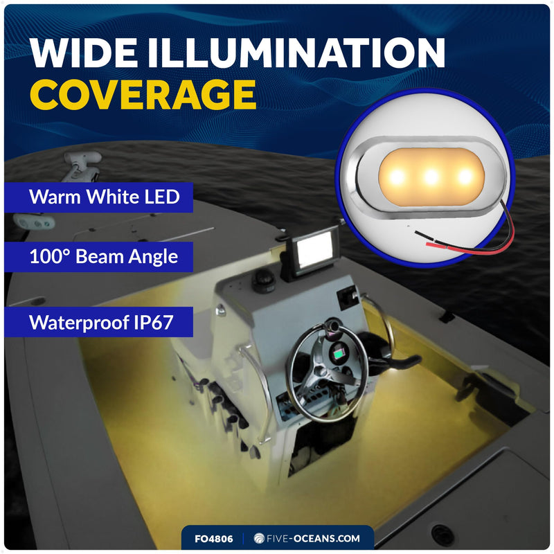 Five Oceans Ultra-Flat LED Boat Courtesy Lights, Warm White, Oculus Style | 12V DC, 3-1/8 x 1-7/16 x 3/16 inch, IP67 Waterproof, Stainless Steel Ring, For Boats Pontoon RVs, FO4806 Warm White LEDs