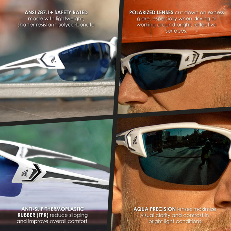 EDGE Khor G2 Z87 Safety Glasses for Men: Shatter Resistant Mens Sunglasses Polarized, Anti-Slip Flexible Frames, Nylon Lens Polarized Safety Glasses Standard White / Polarized Aqua Precision Blue Mirror