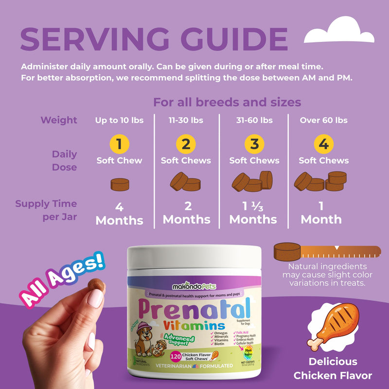 Dog Prenatal Vitamins – 120 Soft Chews Multivitamin, Folic Acid, Zinc, B-Complex, DHA & EPA Omegas and Probiotics Supplement for Pregnant, Nursing Breastfeeding pet – Mom & Puppy Vitamin Formula.