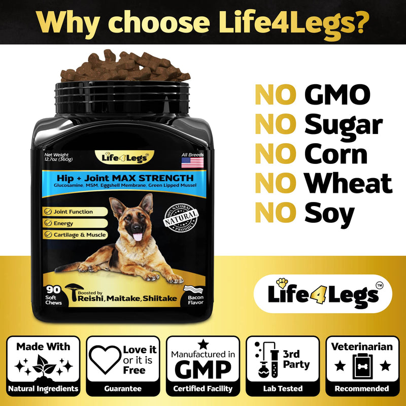 Soft Chews Hip and Joint Supplement for Dogs - Dog Joint Pain Relief Treats - Glucosamine, Chondroitin, Turmeric- Mobility Bites Supplement Hip and Joint Max Strength Bacon - 30 Soft Chews - PawsPlanet Australia