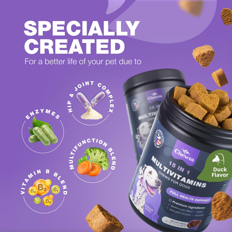 Dog Vitamins 15 in 1 - Dog Multivitamin Chews with MSM for Hip & Joint Health - Dog Supplement for Itchy Skin Relief - Multivitamin for Dogs Immune Support with Enzymes - Skin & Coat, Mobility Support 180 count - PawsPlanet Australia