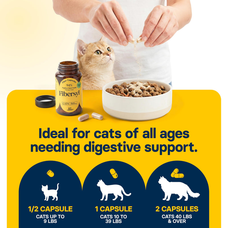 FiberSyl Prebiotics for Cats Digestive Health - Cat Fiber Supplements for Constipation Relief & Support - Psyllium Husk Seed to Support Digestion Problems - Cat Stool Hardener - 60 Capsules