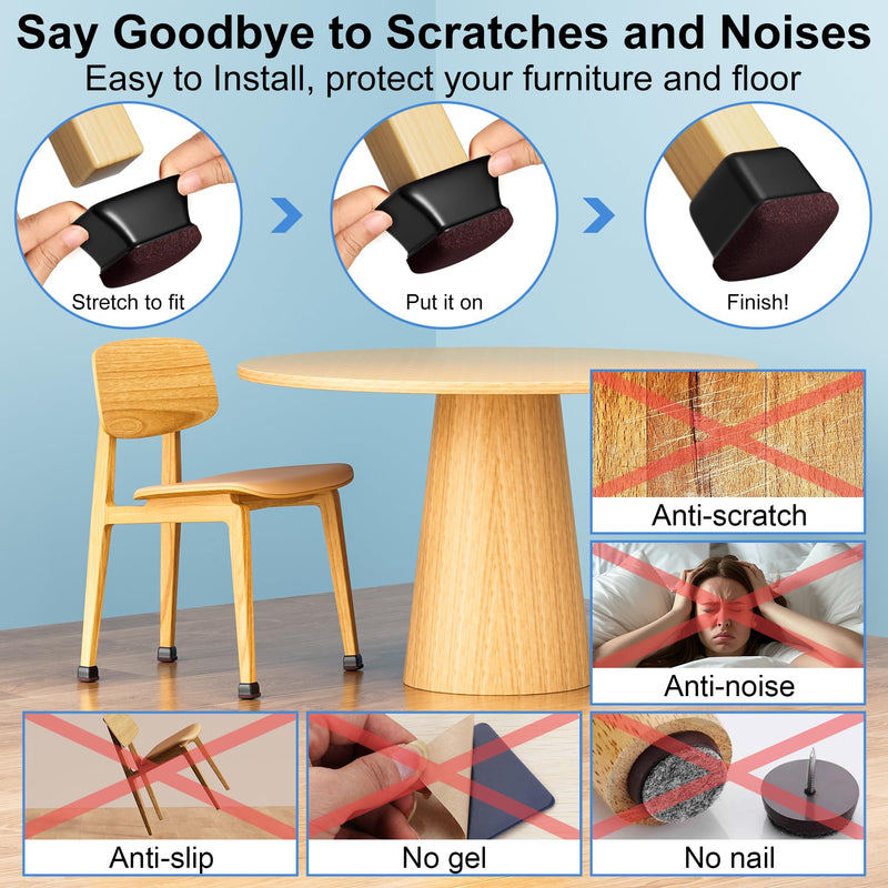 16 Pcs Chair Leg Floor Protectors for Hardwood Floors - Square Silicone Covers with Felt Pads, Protect Floors, Reduce Noise (Black, Fit: 1-1/16" to 1-7/16") Black TPE Fit: 1-1/16" to 1-7/16"