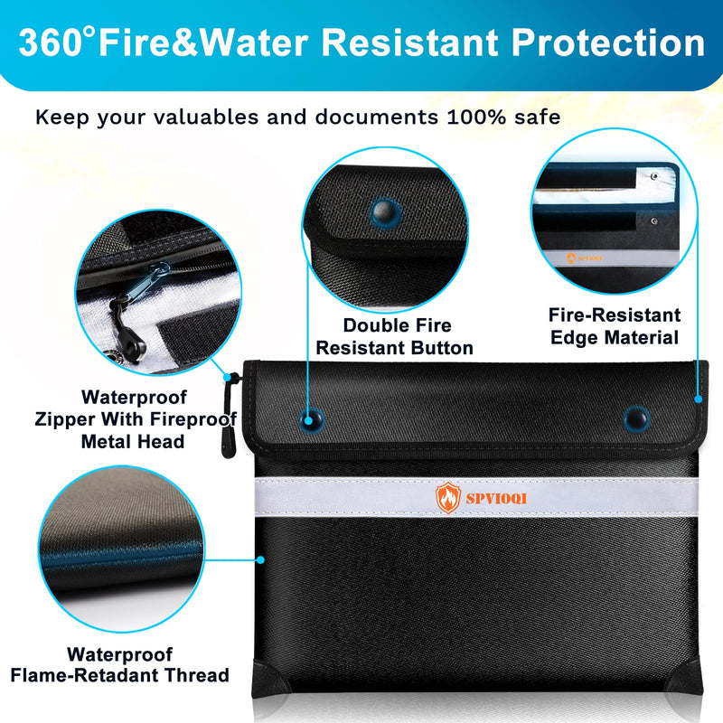 Upgraded 5200°F Fireproof Document Bag - Heat Insulated, Fireproof Bag with Zipper, Reflective Strip for Fast Find, Water Resistant, Fireproof Money Bag for Cash, A5 Important Documents and Valuables Black 12x8.5"(Inside Size:10.9"x8.2")