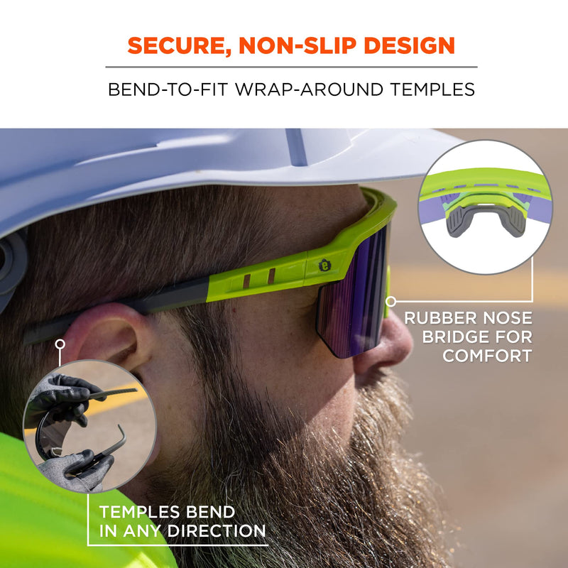 Ergodyne Skullerz AEGIR Safety Sunglasses, Mirrored Lens, ANSI z87.1 Lime Frame, Blue Mirror Lens