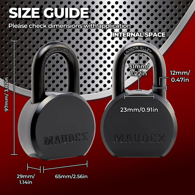 Maudex® PML65 Professional Grade Padlock - High Security with Boron Alloy Shackle, All-Weather Protection, 5 Brass Keys. for Storage Units, Gates & Commercial Security 65 mm Normal Shackle Black