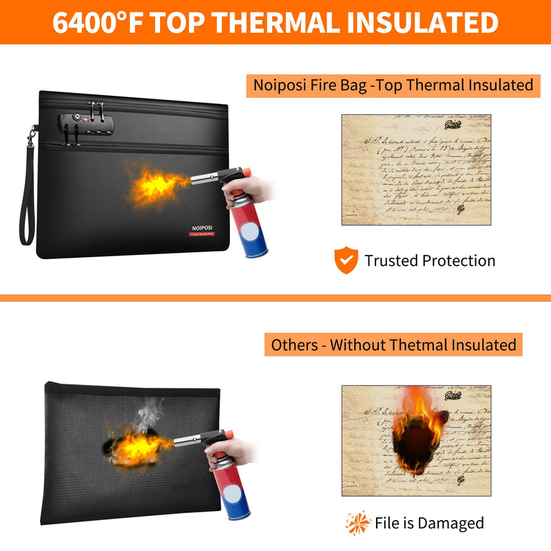 Noiposi 6400℉ Fireproof Money Bag with Lock,Dual-Zip Compartments Fireproof Document Bag for Documents and Cash,12 Layers Heat Insulated Fireproof Pouch with Zipper,Protects Important Papers,Valuables 14.17 x 10.24", 1pack Black