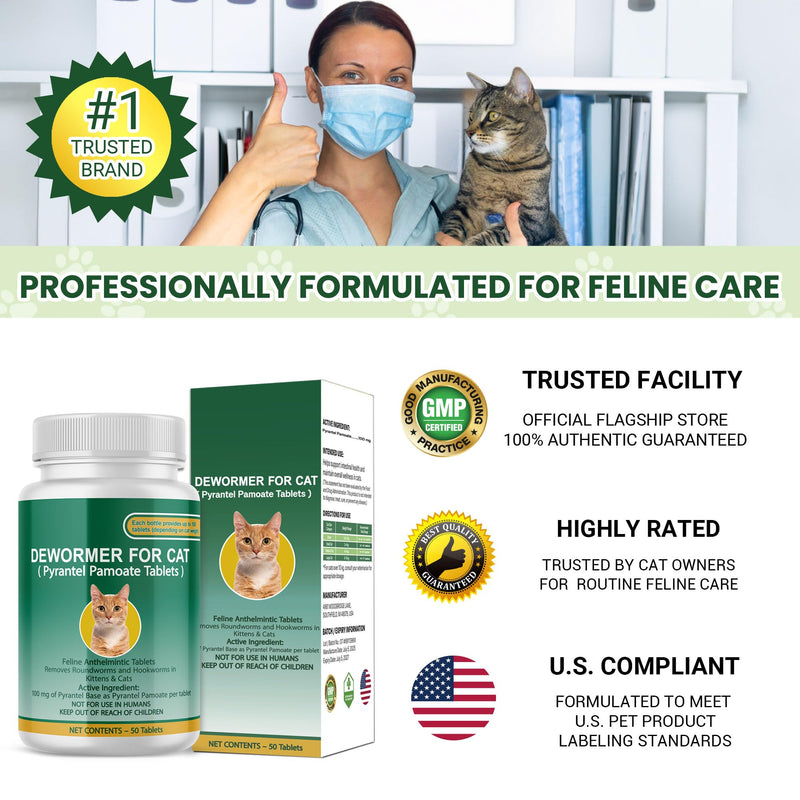 Cat & Kitten Dewormer for All Wormers, Pyrantel Pamoate, Roundworms & Hookworms, 50 Tablets