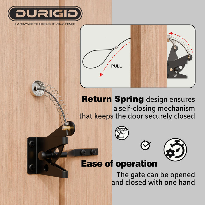 Spring Loaded Gate Latch Pull String Fence Gate Latch, Fingertip Release Self Latching Gate Latches, Small Gate Latch for Wooden Fence, Vinyl Door, Aluminum Gate, 1 Pack, Black