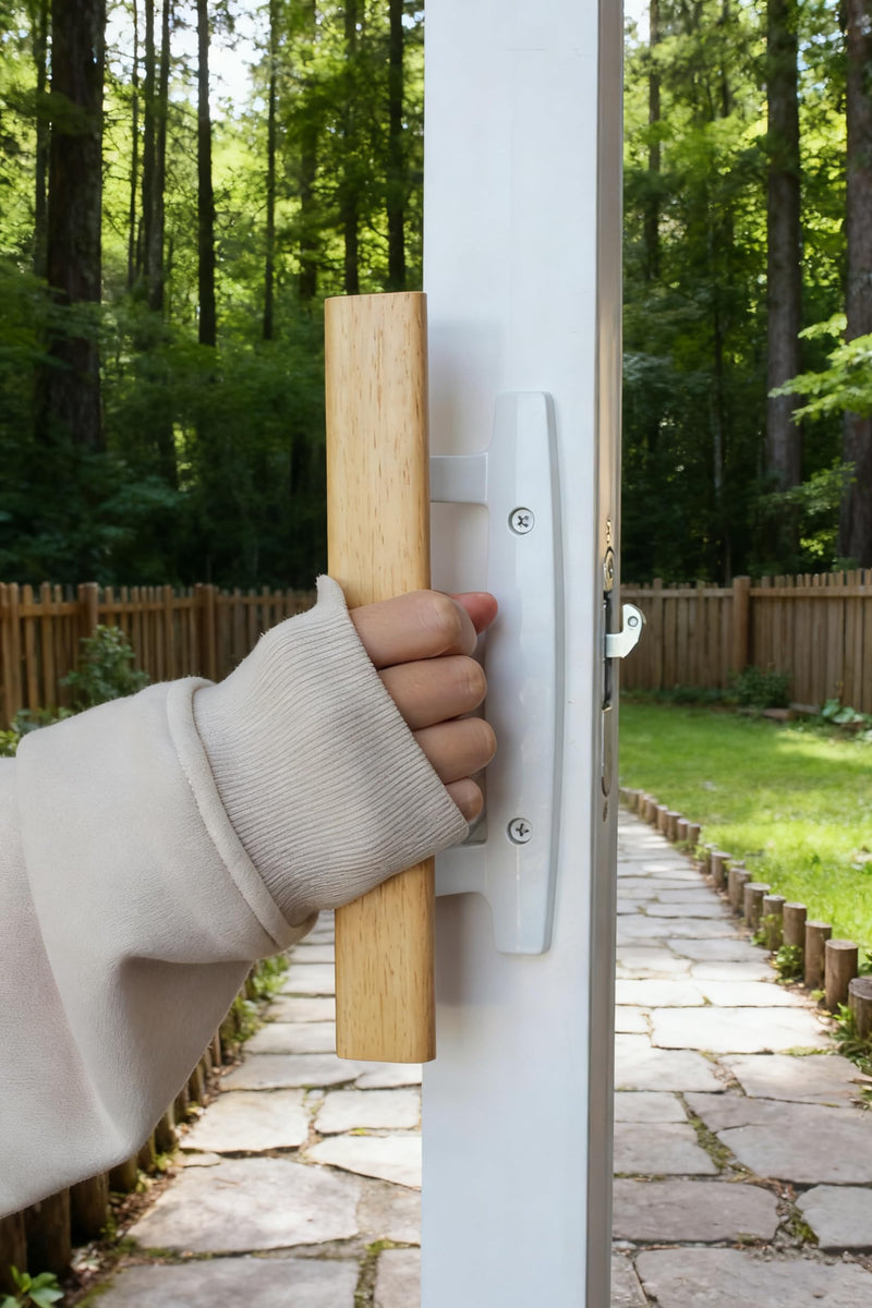 Sliding Patio Door Handle Set with Oak Wood Interior Handle Replace Old Door Handles Quickly and Easily, Finish Fits 3-15/16" Screw Hole Spacing (Without Mortise Lock, Light) without mortise lock