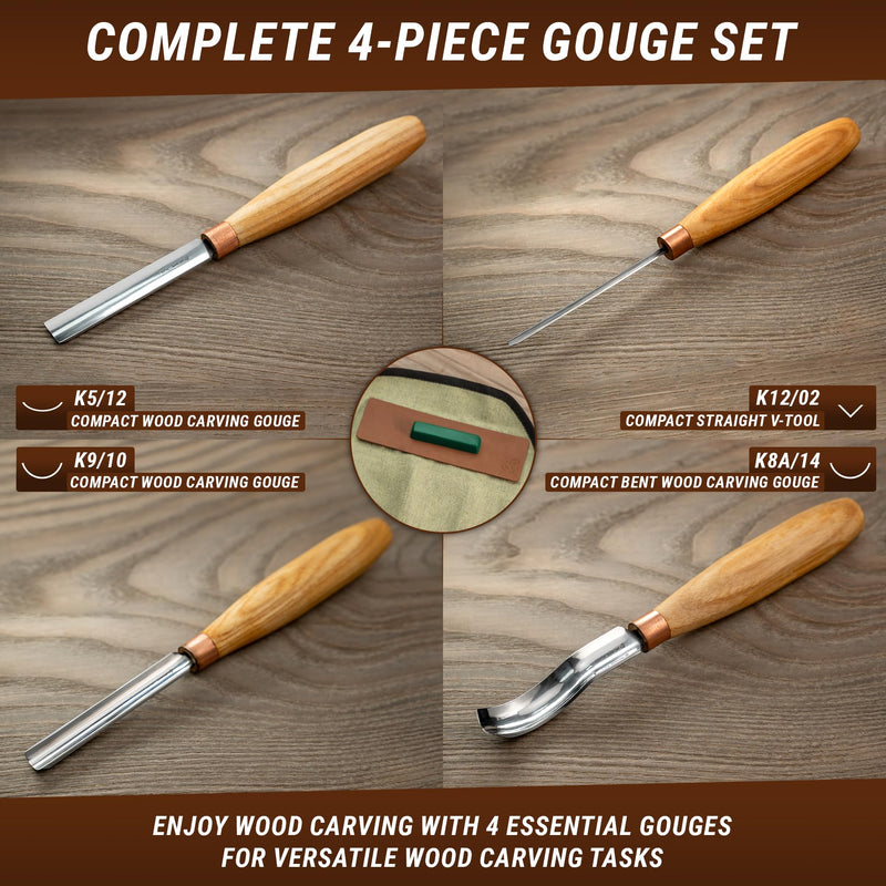 BeaverCraft Wood Carving Chisel Set SC01 - Gouge Wood Carving Tools Kit in Rolling Pouch with Leather Strop Polishing Compound Kit - Radial Gouges Flat Chisel Bent Gouge (Chisel Set)