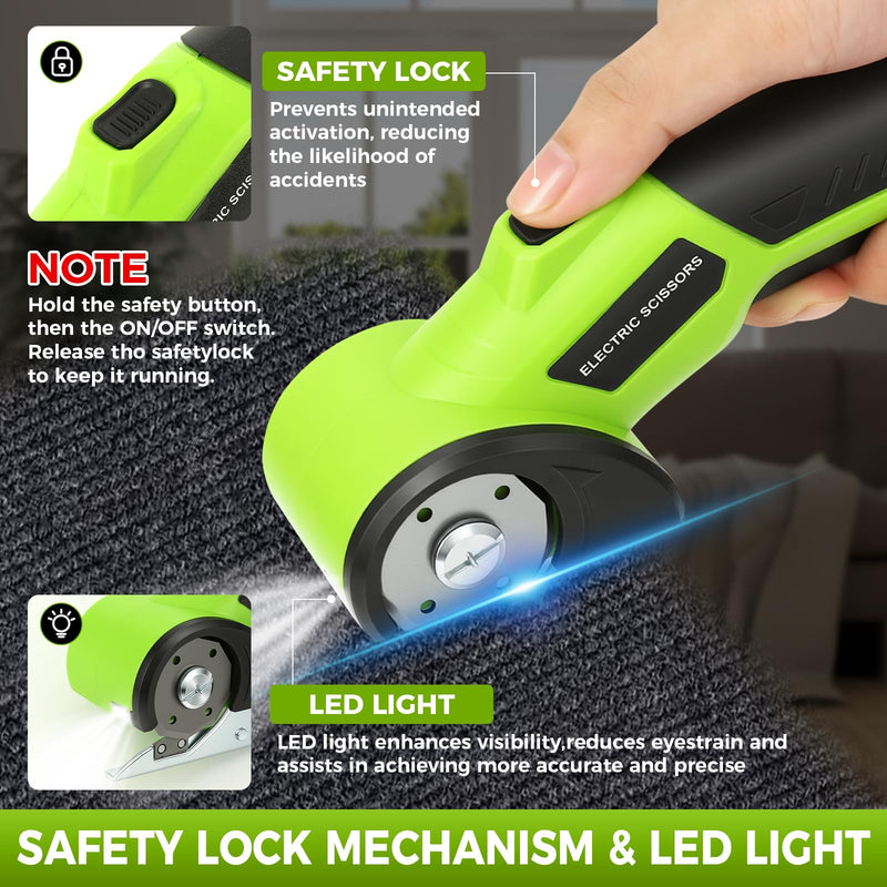 Cordless Cardboard Cutter with Safety Lock & LED – 4V Rechargeable, Extra Blade Included, Electric Box Cutter for Cardboard, Fabric Rotary Cutter for Wrapping Paper, Carpet & Leather