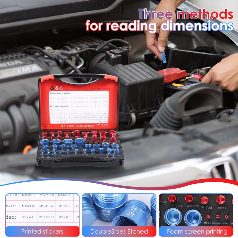 52-Piece Nut and Bolt Thread Checker + Thread Gauge Set, 28 SAE (Blue) and 24 Metric (Red) with 58-Blade Pitch Gauge, Portable Bolt Size Finder for Tight Spaces, Mechanics Repairs, and DIY Projects