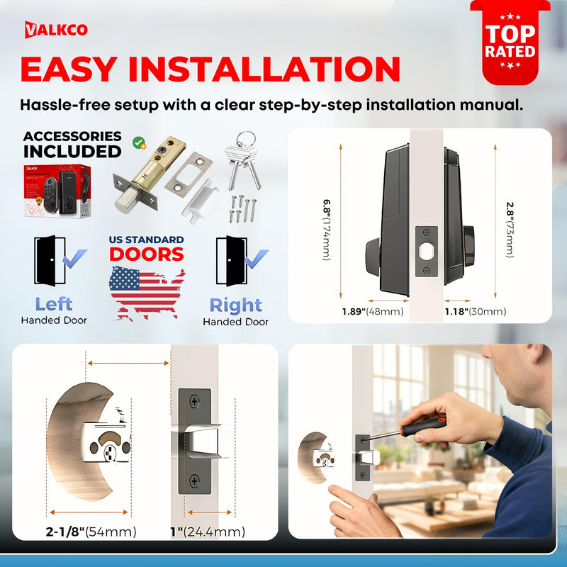 VALKCO Smart Door Lock V5O5BF, Keyless Entry Door Lock with Keypad and Bluetooth App Control, Fingerprint Deadbolt, Smart Door Lock for Front Door, Auto Lock, IP54 Weatherproof, Easy Installation.