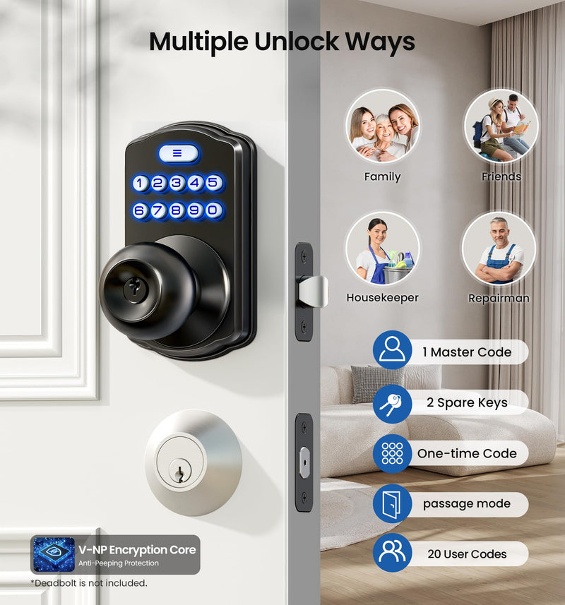 Veise Keypad Door Knob Lock, Keyless Entry Digital Lock with Handle, Electronic Knob for Front Door & Bedroom, Easy Installation, Auto-Locking, Passage Mode, Matte Black