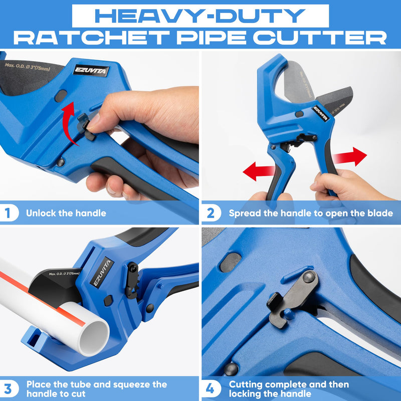 Ratchet PVC Pipe Cutter, Cuts Up to 3", Heavy-Duty Aluminum Ratchet Tubing Cutter Tool for PEX, PVC, CPVC, PE, PP, ABS and Rubber Hose, Suitable for Home Repair and Plumbing 3"