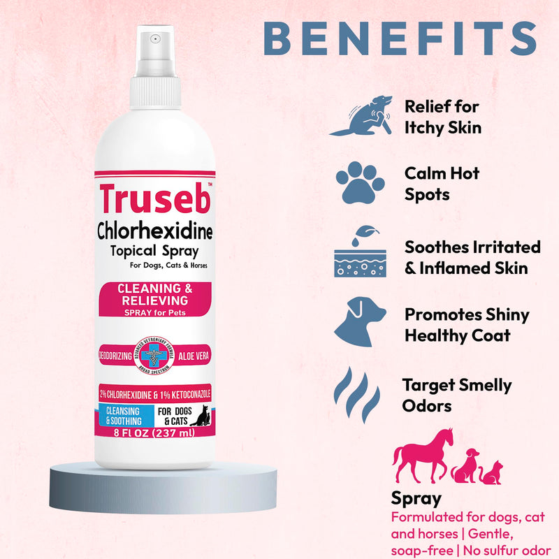 Truseb Medicated Topical Ketoconazole and Chlorhexidine Spray for Dogs, Cats, and Horses with Essential Fatty Acids, Ketoconazole Spray Aloe and Vitamin E (Ketoconazole & Chlorhexidine Spray, 16 oz) Ketoconazole & Chlorhexidine Spray