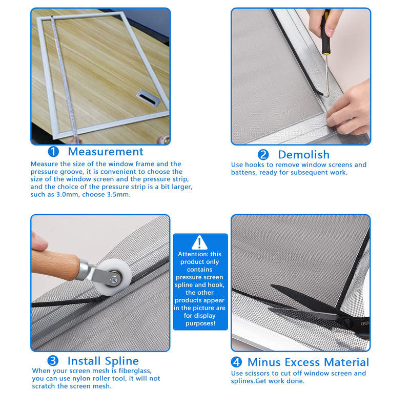 BAYTORY Window Screen Spline, 0.16" x 100' Replacement Round Black Window Screen Retainer Spline and Spline Removal Hook, Window Screen Repair for Installing Door Mesh Screens (0.16 in x 100 ft) 0.16 in x 100 ft