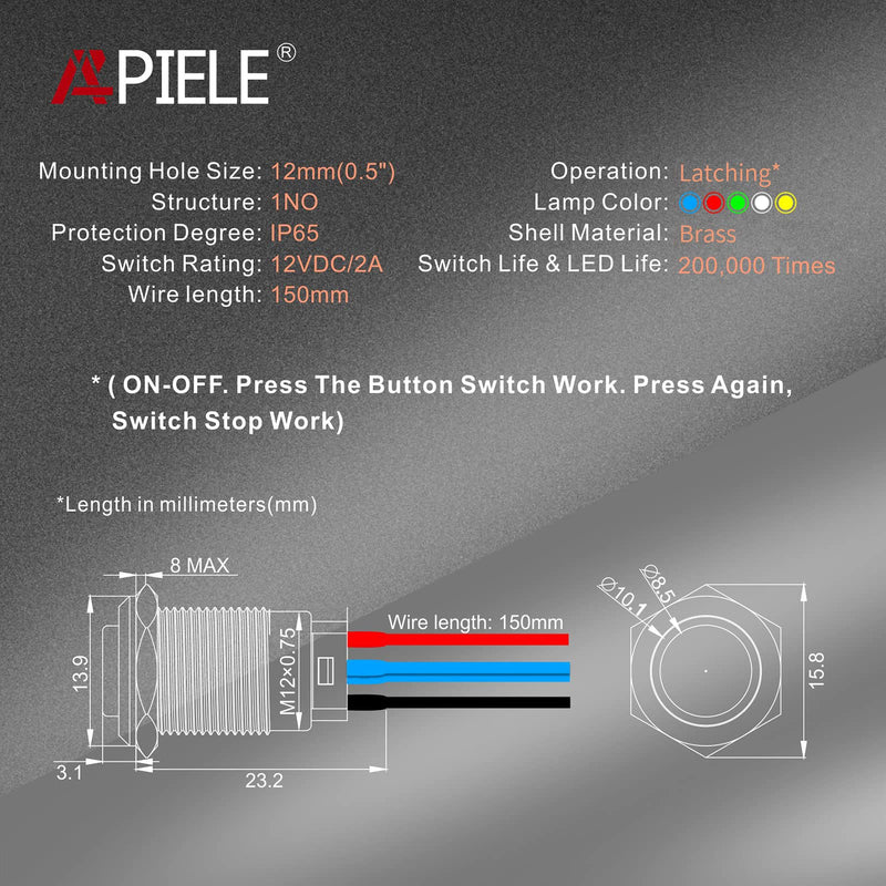 APIELE (Pcs of 2) 12mm Momentary Push Button Switch High Round Head Stainless Steel 1 Normally Open with Ring Led (Blue) Blue Silver Stainless Steel