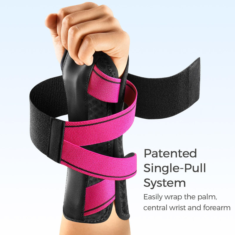 FREETOO Carpal Tunnel Wrist Brace Night Support Fit Right Hand for Work, Pain Relief Wrist Splint for Tendonitis, Sprain, Strain, Rigid Hand Brace for Arthritis for Women and Men (S/M, Black/Pink) Right-Rosa Pink/Black S/M