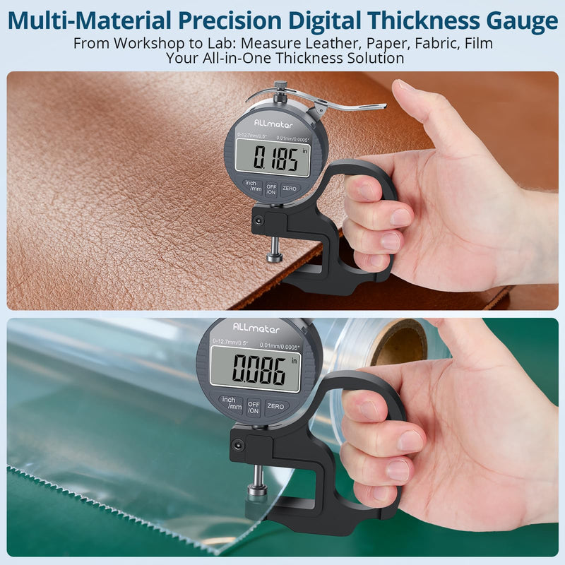 Digital Thickness Gauge, 0.01mm Resolution, 0-12.7mm Range | Electronic Micrometer Thickness Gage with LCD Display, Auto Zero, Inch/Metric Switch for Leather, Paper, Fabric, Plastic Film black 0-12.7mm,0.01mm