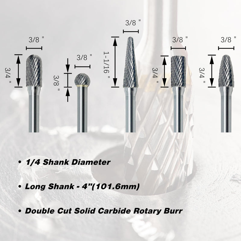 LU&MN Double Cut Tungsten Carbide Burr - Metal Carving, Polishing, Engraving, and Drilling - 7" Shank Length 1/4" Shank Diameter - 5pcs