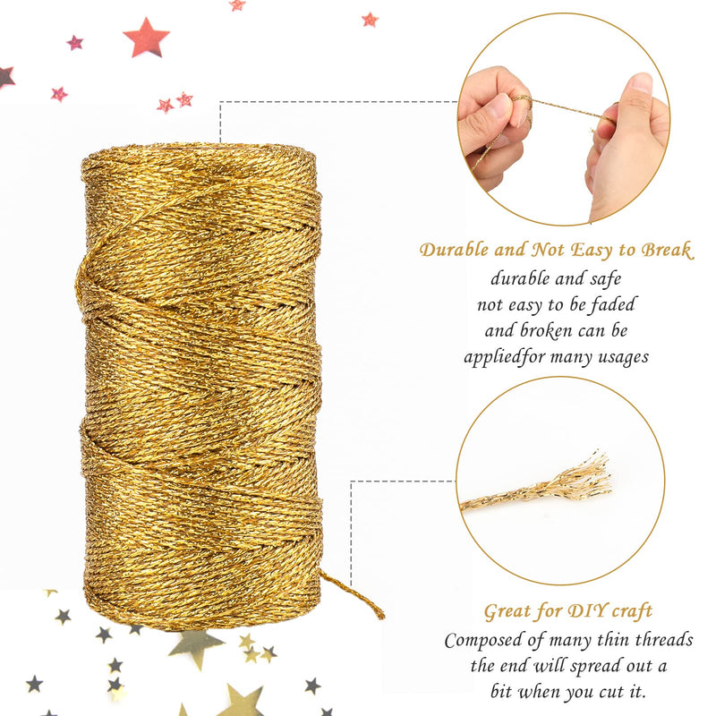 jijAcraft 328 Feet Gold String Twine - 1.5mm Metallic Ornament Thread Gift Wrapping - Inelastic Macrame Glitter Gold Cord for Crafting, Wedding Gift Package, DIY Presents Wrapping Decoration