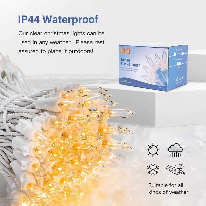 Hopolon 2PACK 50-Count Set Clear Christmas Lights with White Wire,Incandescent Bulb Mini String Lights for Holiday,Christmas Tree,Party, Wedding, Xmas, Home,Indoor & Outdoor Decorations(Warm White) Warm White 50L,2PACK