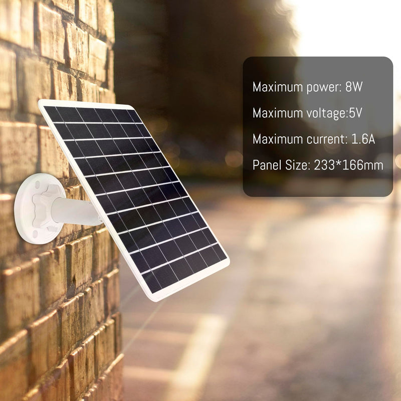 8W Solar Panel Compatible with Rechargeable Battery Powered Cam, for Security Camera Outdoor, 5V Camera Solar Charger Waterproof with Micro USB/USB-C Port/DC 3.5mm 3in1 Cable, 360° Adjustable Bracket 8 Watts