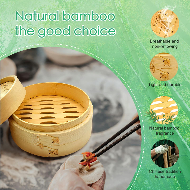 Small Bamboo Steamer for Steamed Buns, Bamboo Steamer 6 inch to 8 inch，2-Tier Bamboo Steamer Basket, Used for Steaming Buns, Rice, Dumplings, Vegetable Steamer Basket (Natural Bamboo) (7" Bamboo Steamer) 7" Bamboo Steamer
