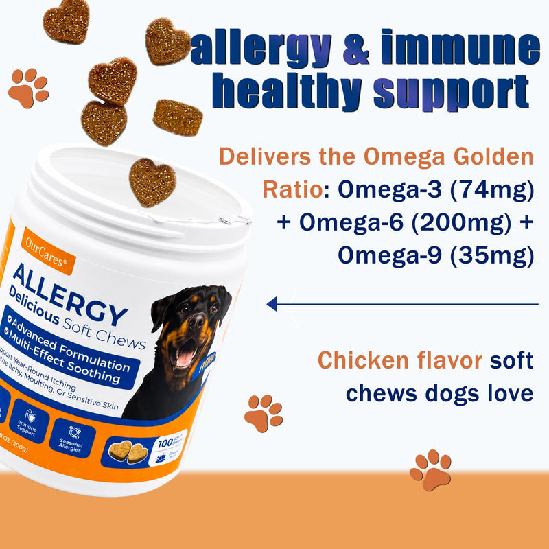 Dog Allergy Chews, Allergy Immune Support for Dogs, Seasonal Allergies Support, Dog Itching Skin Hot Spots Help Relief with Probiotics Turmeric Colostrum Omega-3, Chicken Flavor, 100Ct 100 count