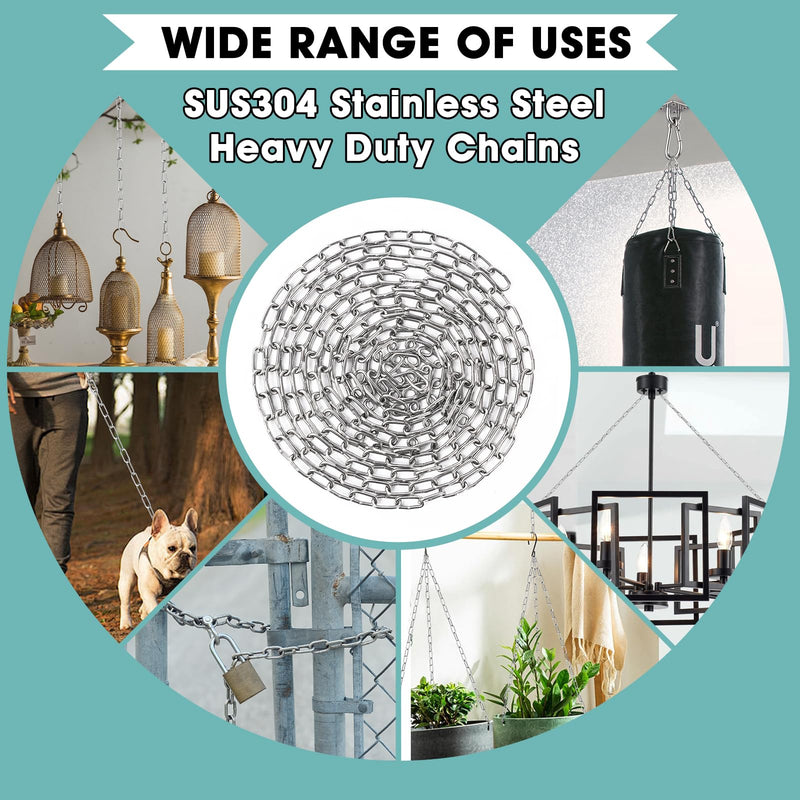 9.8 Feet SUS304 Stainless Steel Chain, Hanging Chain Link Light Duty Chain, Heavy Duty Hanging Chain for Home Outdoor Camping, Thickness 0.08 inches