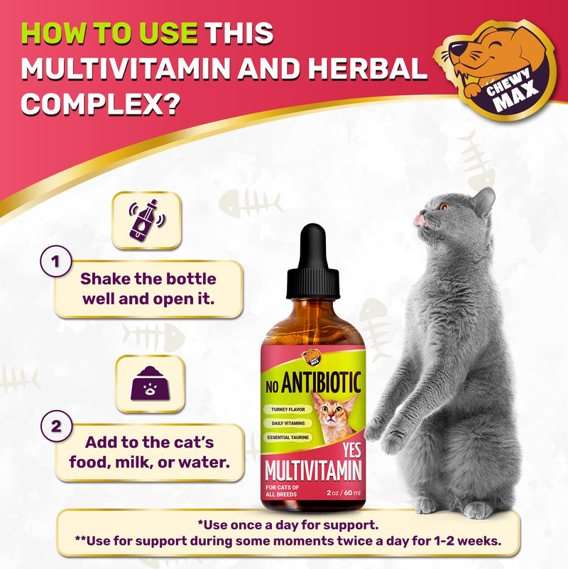 Cat Multivitamin Complex with Turkey Flavor – Natural Cat Antibiotic Liquid Alternative to Help with Allergies, UTIs & Cough – Herbal No Antibiotic Yes Multivitamin for All Breeds – 2 Oz 2 Fl Oz