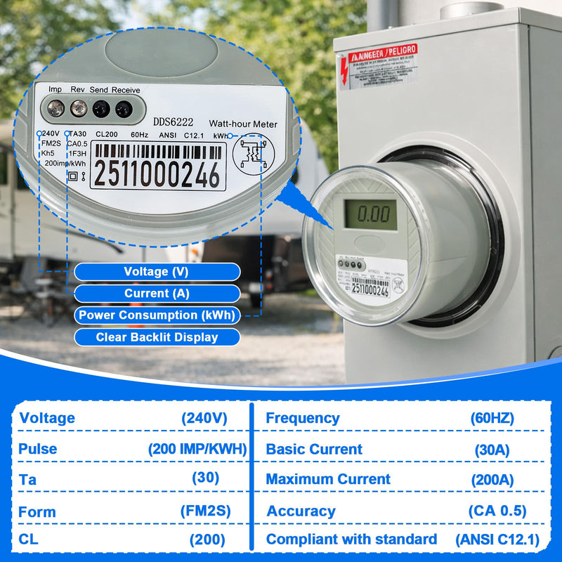 240 V 2-Wire Digital KWH Meter – High-Precision LCD Watt Meter for RV/Home/Workshop – Energy Usage Monitoring, ANSI C12.1 Compliant, Easy Install, Supports up to 200A TA30