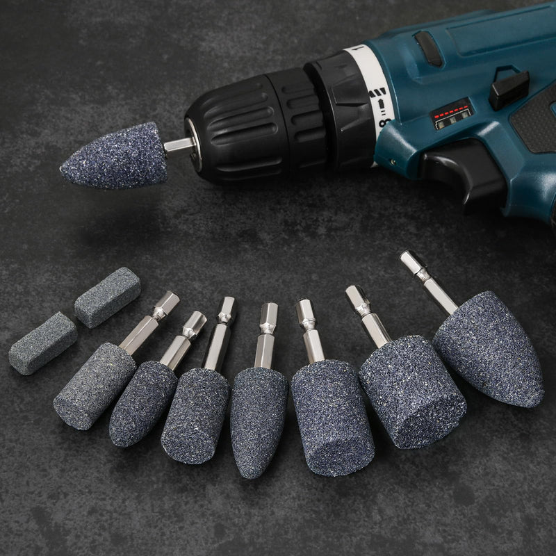 10Pcs Rotary Grinding Stone- 1/4'' Hex Shank Assorted Shape Abrasive Stone Mounted Grinding Point Sharpening Bits for Rotary Tool Drill, Grinding, Polishing