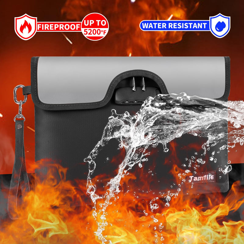 5200°F Fireproof Money Bag with Lock, Water Fireproof Document Bag with Zipper, 8 Layers Fire Insulation, Fireproof Safe Storage Pouch with Lock for Cash, Passport, Certificate(10" x 13", Black) Medium Size(10" x 13")