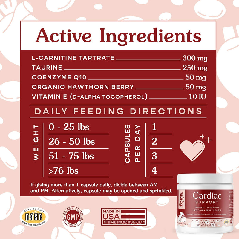 FERA Cardiac Support Supplement for Dogs Cats, Taurine, L-Carnitine, CoQ10, Organic Hawthorn Berry, Vitamin E, Promotes Cardiovascular Heart Health, Healthy Circulation 60 capsules - PawsPlanet Australia