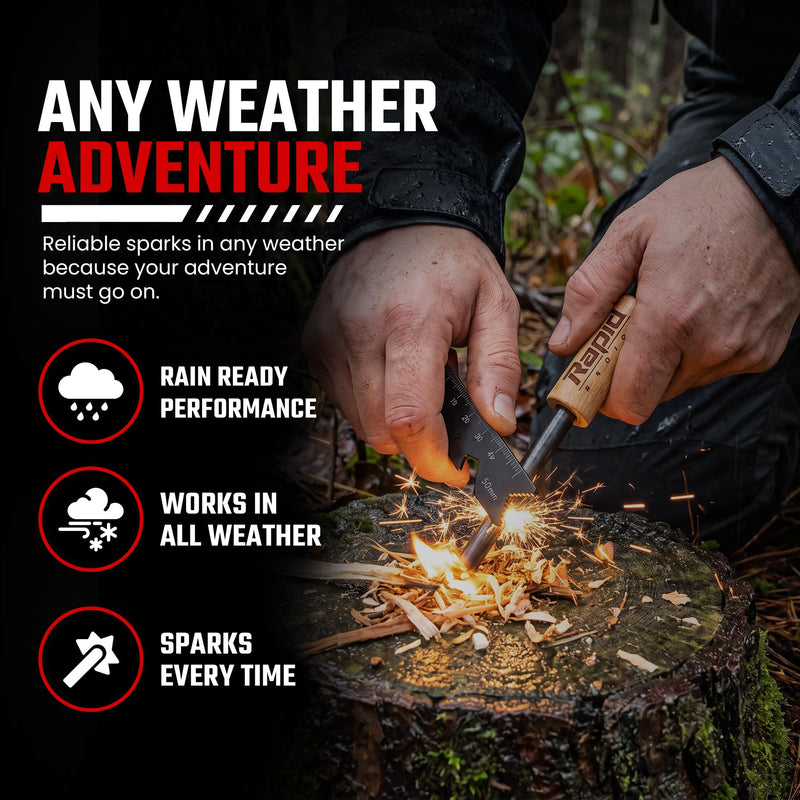 Rapid Radios Fire Starter Kit | Ferro Rod Fire Starter with Striker, Wax-Coated Tinder & Waterproof Storage | Survival Fire Starting Kit for Camping, Hiking, Hunting & Emergency Preparedness