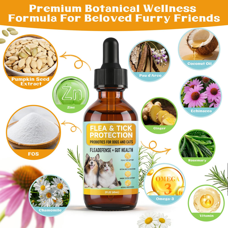 4-in-1 Natural Herbal Supplement Drops for Dogs & Cats, Chicken Flavor - Oral Flea & Tick Support with Multivitamins & Herbs for Immune, Skin & Coat Health - All Breeds