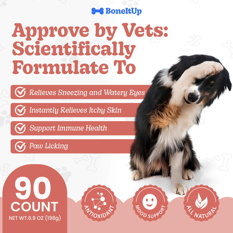 BoneItUp Soft Dog Allergy Chews for Itching, Sneezing, Paw Licking, Seasonal Allergies - Essential Omega-3, Turmeric & Quercetin for Dogs Allergies - Daily Immune & Digestive Dog Allergy Treats (90ct) Allergy Aid