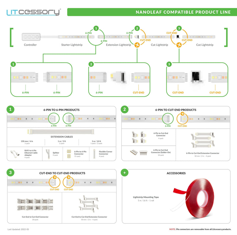Litcessory 6-Pin to Cut-End Connector Compatible with Nanoleaf Essentials Lightstrips (4 Pack, White) 4 Pack